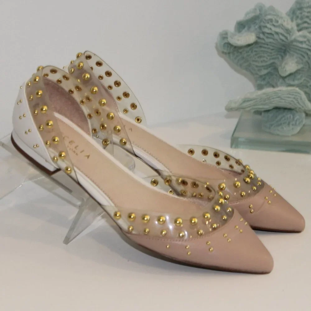Cecelia New York Min White Ballet Flats Clear Chic Pointy Studded Shoes 7.5